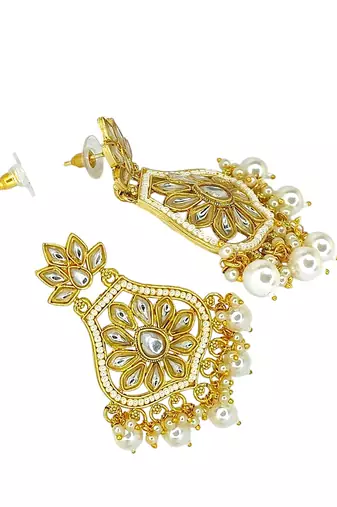 Gold-plated kundan studded & beaded chandbali earrings