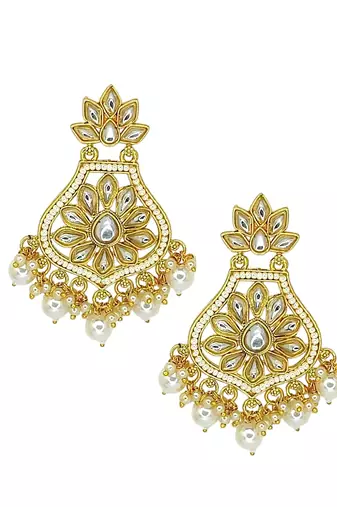 Gold-plated kundan studded & beaded chandbali earrings