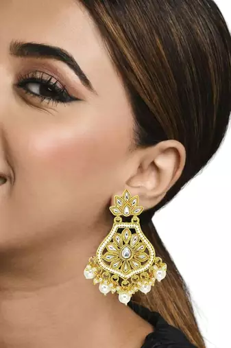 Gold-plated kundan studded & beaded chandbali earrings