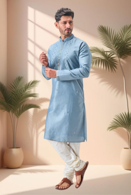 Grey art silk embroidery mirror work kurta pajama set 2