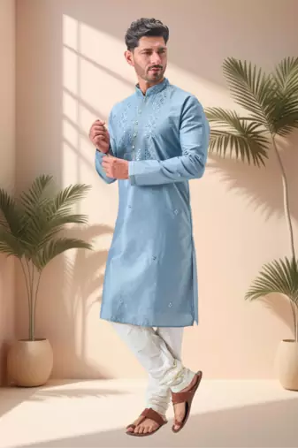 Grey art silk embroidery mirror work kurta pajama set