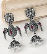 Silver oxidized geometric jhumka drop earrings