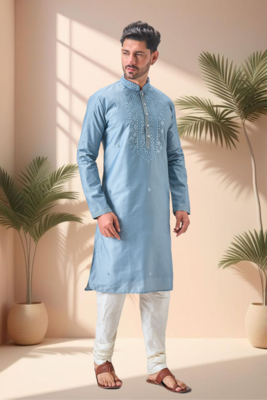 Grey art silk embroidery mirror work kurta pajama set 3
