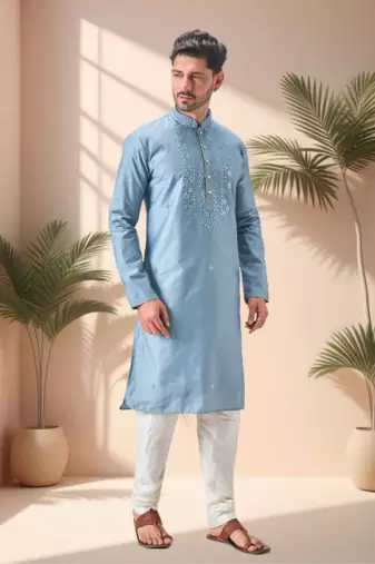 Grey art silk embroidery mirror work kurta pajama set