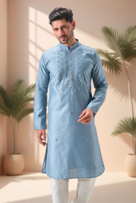 Grey art silk embroidery mirror work kurta pajama set 4