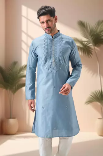 Grey art silk embroidery mirror work kurta pajama set