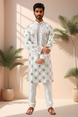 Off white art silk embroidery mirror work kurta pajama 1