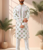 Off white art silk embroidery mirror work kurta pajama