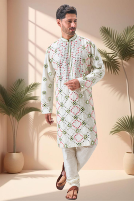 Off white art silk embroidery mirror work kurta pajama 2