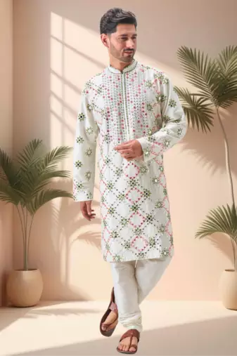 Off white art silk embroidery mirror work kurta pajama