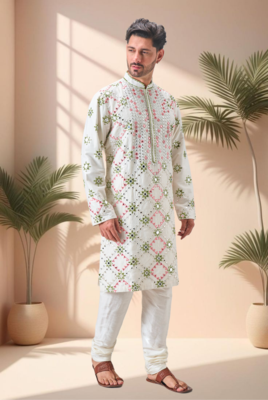 Off white art silk embroidery mirror work kurta pajama 3