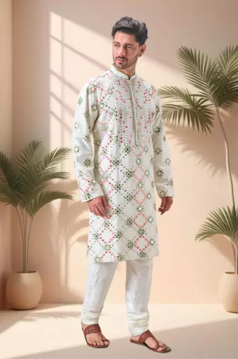 Off white art silk embroidery mirror work kurta pajama