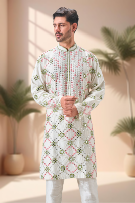 Off white art silk embroidery mirror work kurta pajama 4