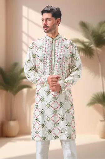 Off white art silk embroidery mirror work kurta pajama
