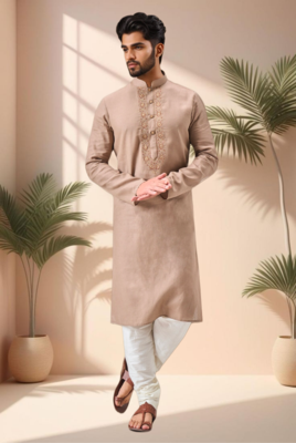 Beige linen embroidery kurta pajama set 1