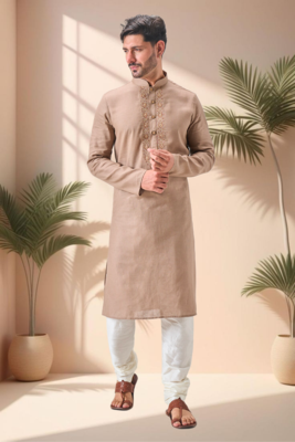 Beige linen embroidery kurta pajama set 3