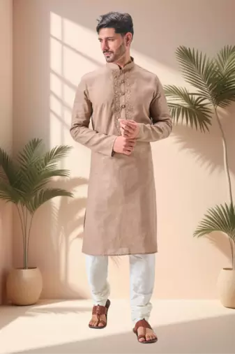 Beige linen embroidery kurta pajama set