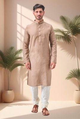 Beige linen embroidery kurta pajama set 4