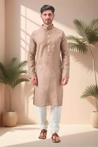 Beige linen embroidery kurta pajama set