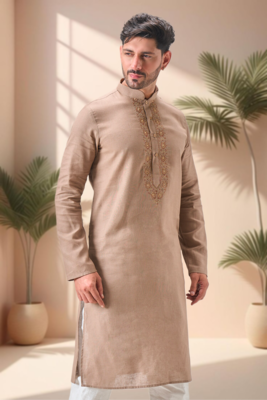 Beige linen embroidery kurta pajama set 5