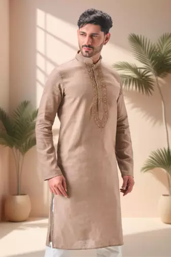 Beige linen embroidery kurta pajama set
