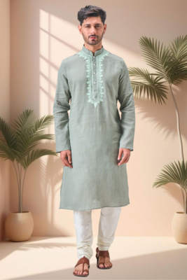 Green linen embroidery kurta pajama set 1