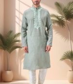 Green linen embroidery kurta pajama set