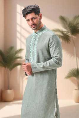 Green linen embroidery kurta pajama set 2