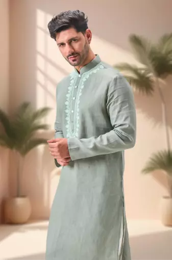 Green linen embroidery kurta pajama set