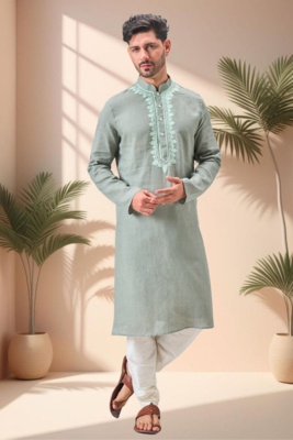 Green linen embroidery kurta pajama set 3