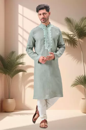 Green linen embroidery kurta pajama set