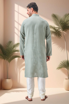 Green linen embroidery kurta pajama set 4