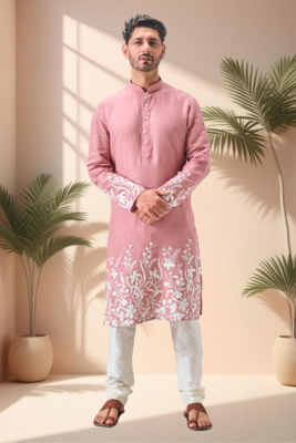Pink linen embroidery kurta pajama set 1
