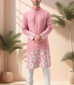 Pink linen embroidery kurta pajama set