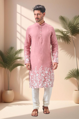 Pink linen embroidery kurta pajama set 2
