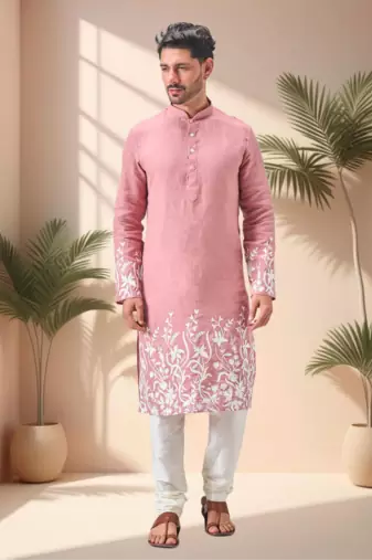 Pink linen embroidery kurta pajama set