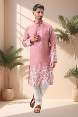 Pink linen embroidery kurta pajama set 3
