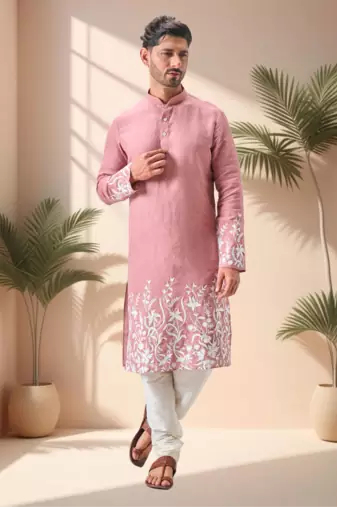 Pink linen embroidery kurta pajama set