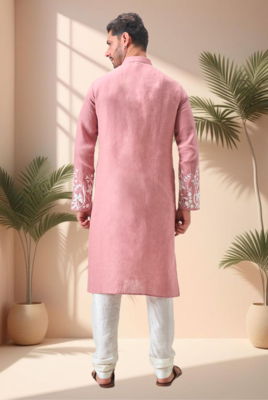 Pink linen embroidery kurta pajama set 4