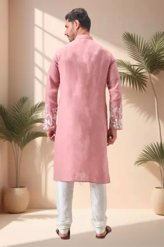 Pink linen embroidery kurta pajama set