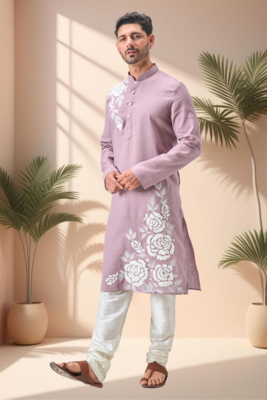 Purple linen embroidey kurta pajama set 1