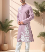 Purple linen embroidey kurta pajama set