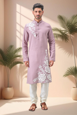 Purple linen embroidey kurta pajama set 2