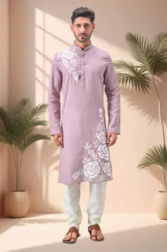 Purple linen embroidey kurta pajama set