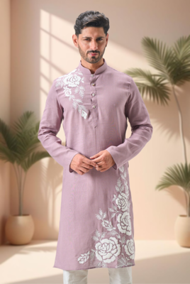 Purple linen embroidey kurta pajama set 3