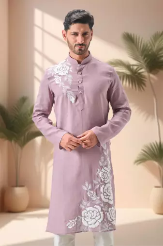 Purple linen embroidey kurta pajama set