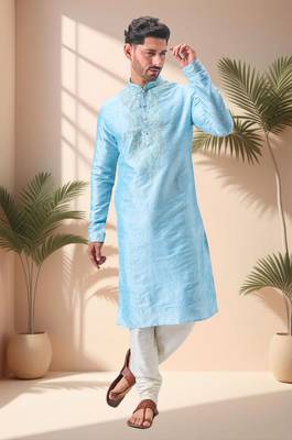 Sky blue art silk embroidery kurta pajama set 1