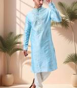 Sky blue art silk embroidery kurta pajama set
