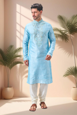 Sky blue art silk embroidery kurta pajama set 2
