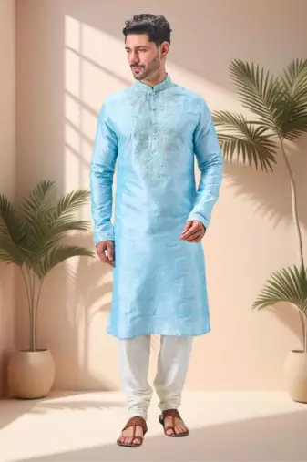 Sky blue art silk embroidery kurta pajama set